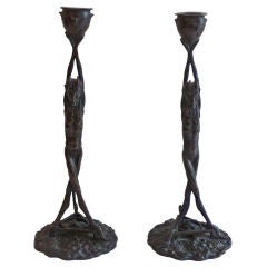 Antique Pair of Devil Bronze Candlesticks