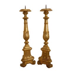 Antique Pair of Gold Leafed Carved Italian Pine Prickett Candlesticks