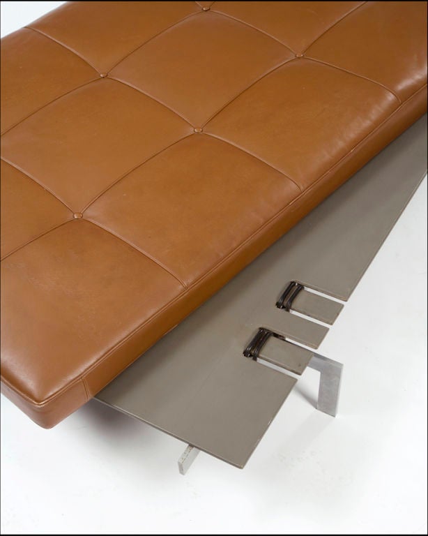 PK 80 daybed with steel frame, brown leather mattress, plywood supports and rubber rings. Designed by Poul Kjaerholm for E. Kold Christensen, Denmark, circa 1957.