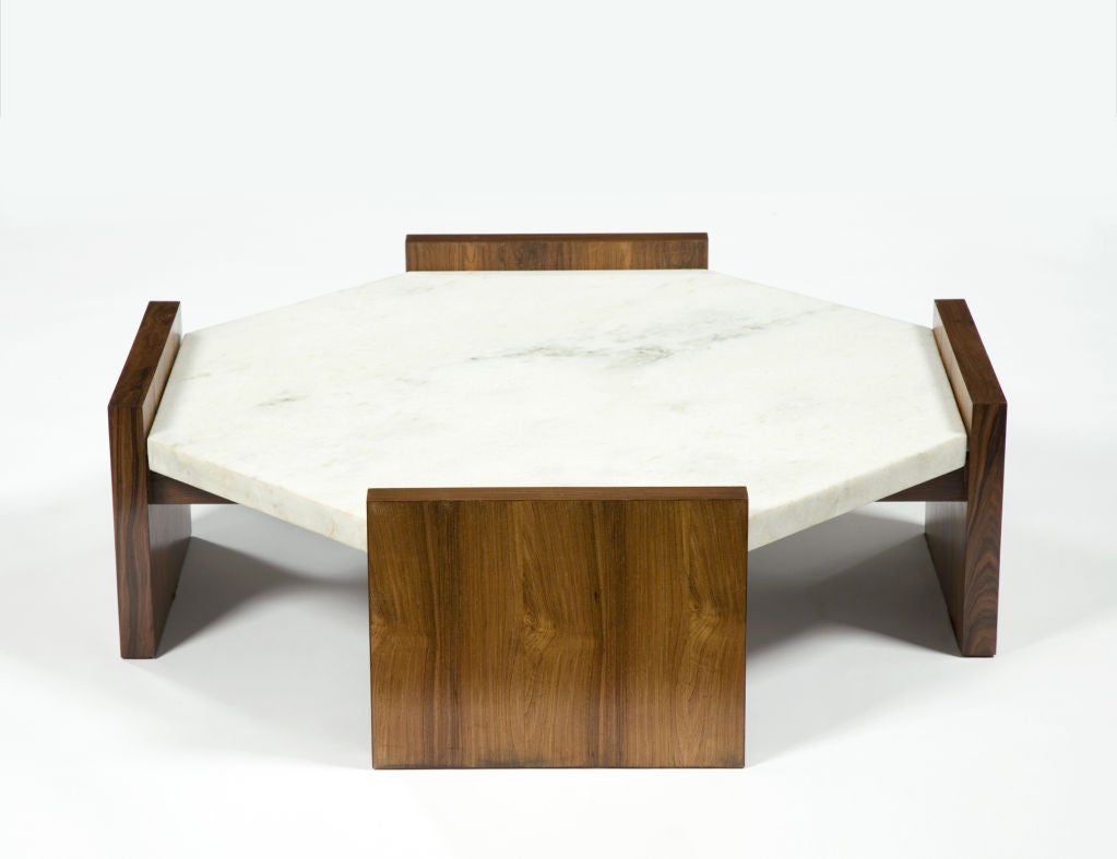 Octagonal coffee table in jacaranda with marble top. Designed by Joaquim Tenreiro, Brazil, 1960s.