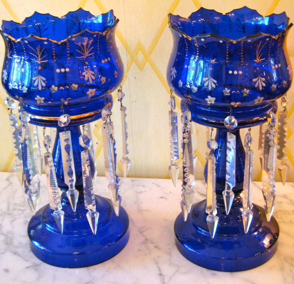 Pair of English 19th Century Cobalt Blur Glass Lusters with Crystals