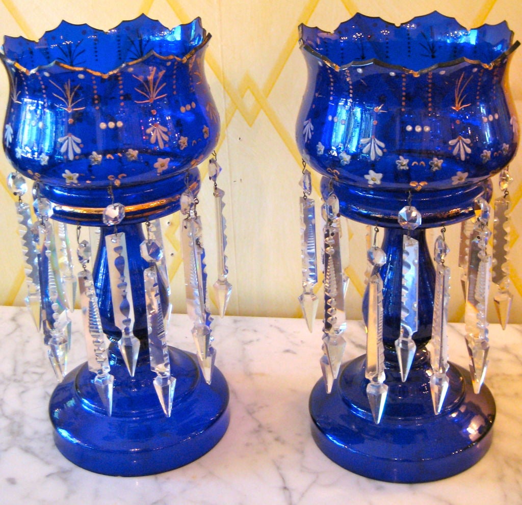 Pair of Cobalt Blue Glass Lusters with Crystals