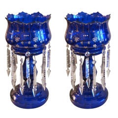 Antique Pair of Cobalt Blue Glass Lusters with Crystals