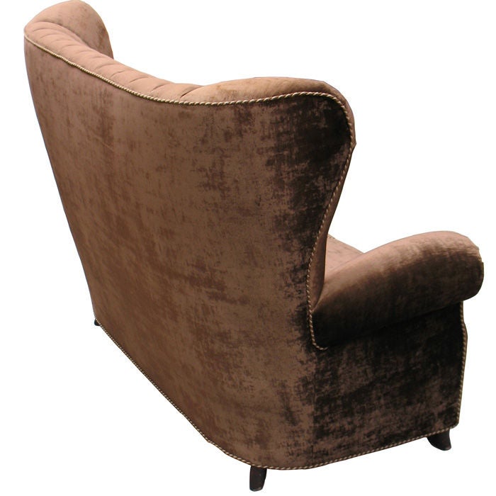 Italian Art Moderne barrel back sofa in the manner of Giorgio Ramponi. Reupholstered with fine brown velvet cover and ribbon twist cord. Beechwood legs.<br />
Reference: fig. 72, Roberto Aloi 