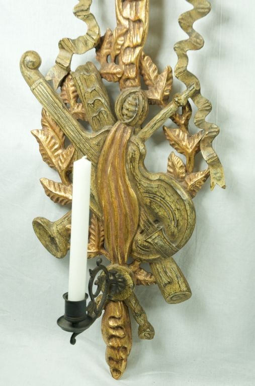 Pair of 1930  wood gold leaf bow ribbon candle wall sconces