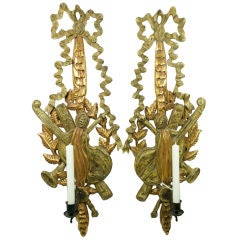 Pair of 1930  wood gold leaf bow ribbon candle wall sconces