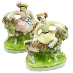 Antique French Boy & Girl Riding Sheep  Porcelain Figurines 1800's