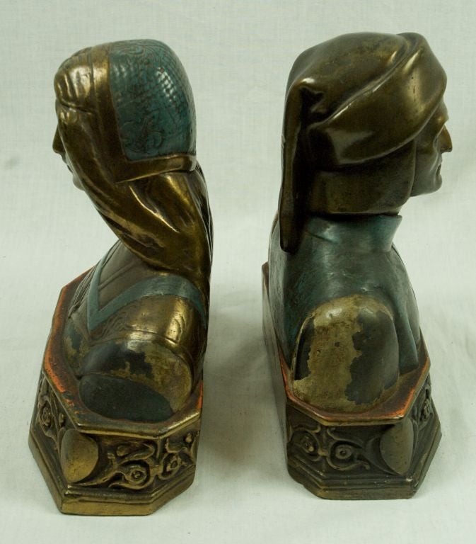 Featured are a pair of bronze Dante & Beatrice bookends from the 1930's. The Pompeian Bronze Co. made exact copies of museum pieces at that time. MARKED 138