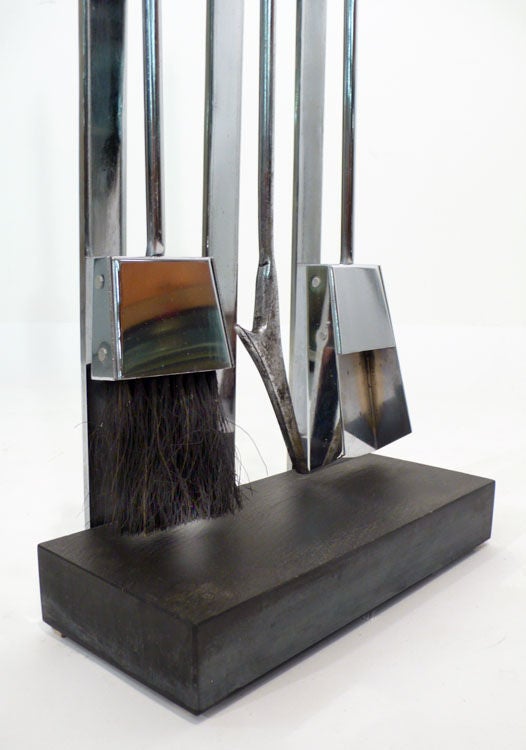 Chrome-plated and Slate Italian Fireplace Tool Set 1970s In Good Condition For Sale In Dallas, TX