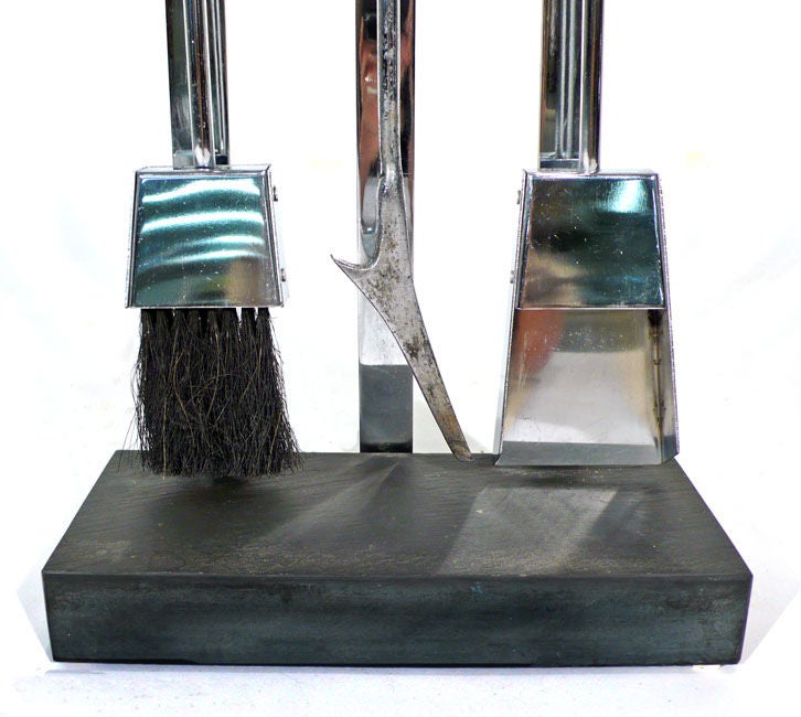 Late 20th Century Chrome-plated and Slate Italian Fireplace Tool Set 1970s For Sale