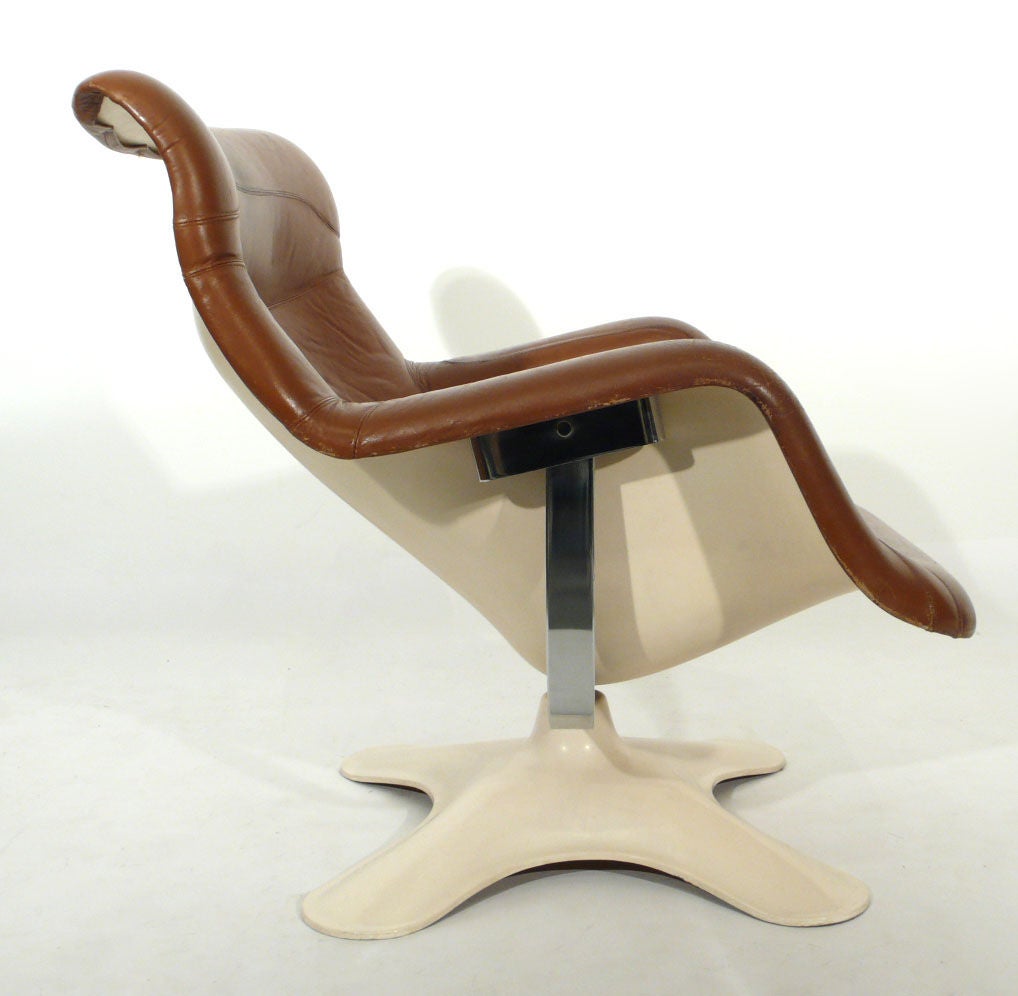 Rare original 1960's Karuselli Chair by Yrjo Kukkapuro for Haimi. Original saddle leather. Nicely broken in with the perfect amount of wear. Swivels and reclines. Supremely Comfortable.