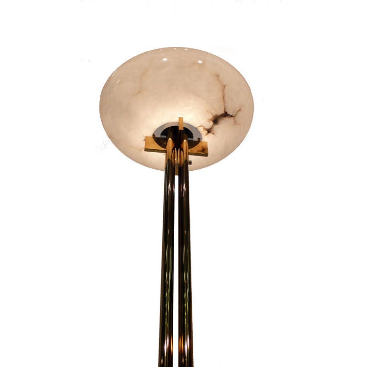 Beautiful floor lamp constructed with solid brass rods with alabaster shade on solid brass X-base. Lamp is in excellent original condition with the original shade.