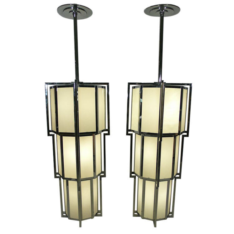 Monumental Pair of Vintage Art Deco Styled Milkglass Chandeliers