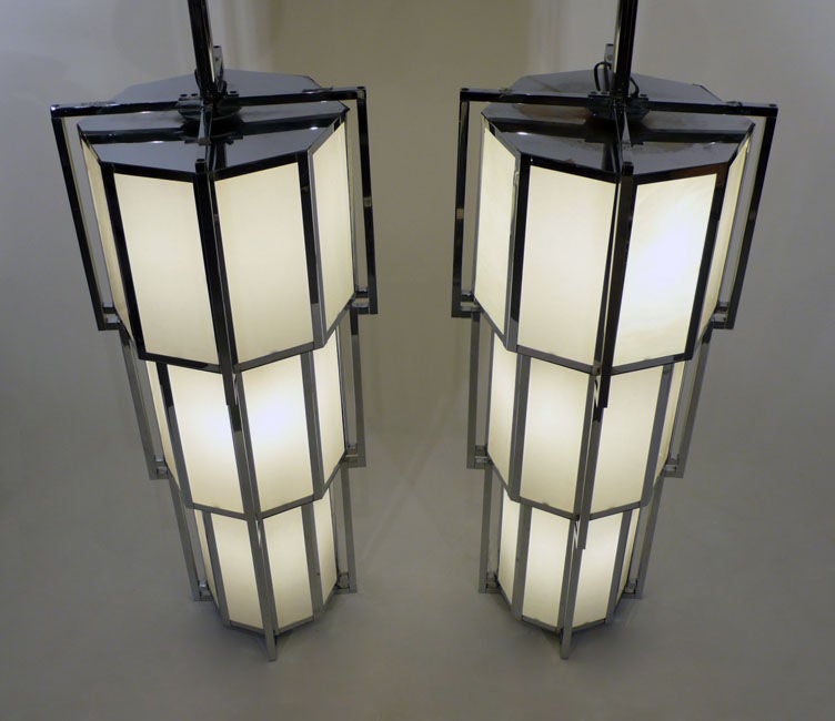 Plated Monumental Pair of Vintage Art Deco Styled Milkglass Chandeliers