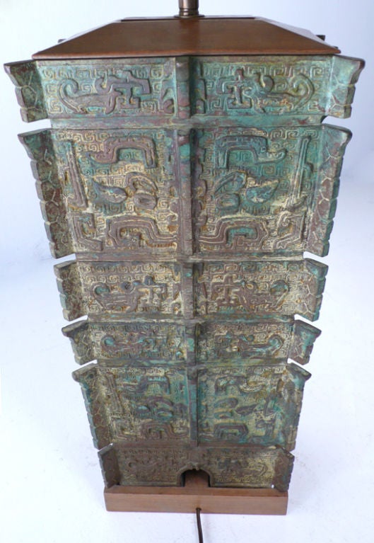 This unusual lamp was cast in a series from in the 1950's from an antique Chinese Temple Brazier. It was formerly owned by the president of the once prestigious oil company Tenneco. The patina is amazing. This is an absolutely stunning lamp. An