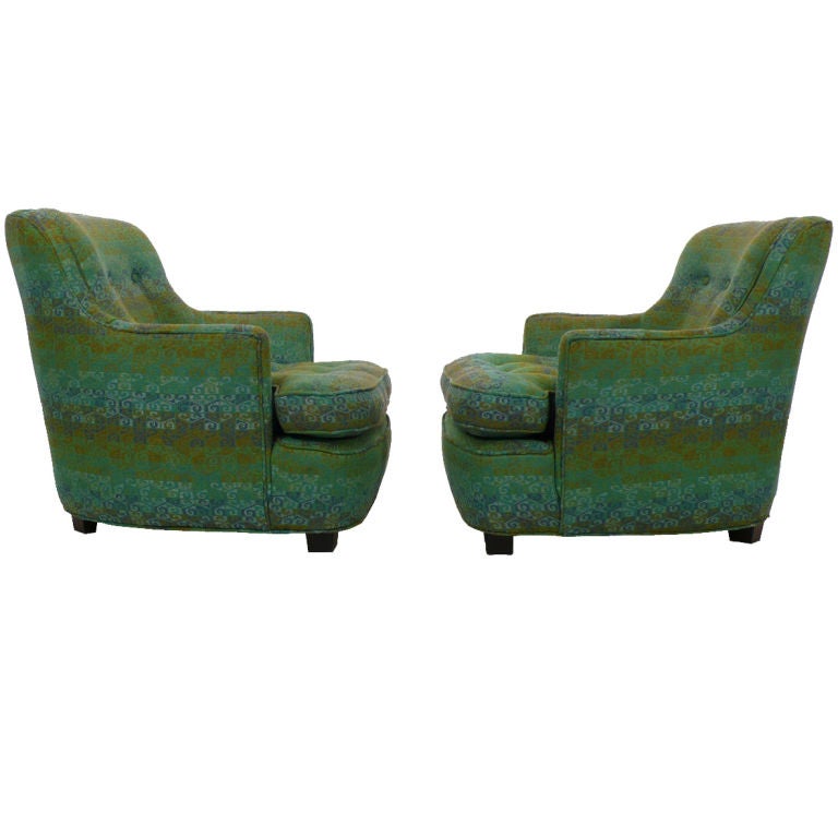 Diminutive Edward Wormley Dunbar Club Chairs green and turquoise fabric 1960s