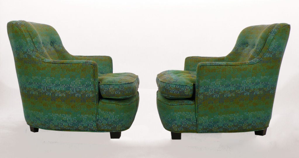 Rare and unusual diminutive low club chairs by Edward Wormley for Dunbar. Original Upholstery. Extremely comfortable and perfect for a conversation area. * Price is for the set.