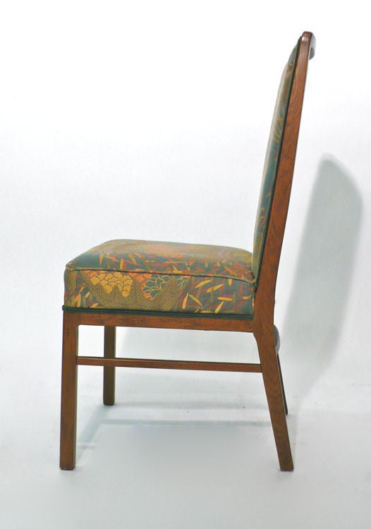 Set of 8 Drexel Dining chairs in light walnut with a combination of embroidered asian upholstery and velvet backs with double welt cording. These chairs sat in a formal living room around a Nakashima dining table for 40 years. They were rarely used
