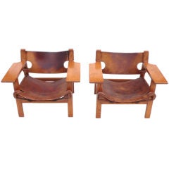 Early Distressed Leather & Oak Borge Mogensen Spanish Chairs