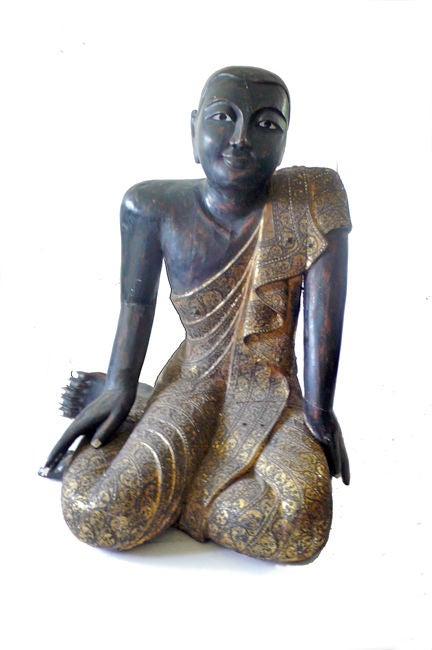 Carved Buddha From Teak With Gold Leaf and Mother of Pearl Eyes