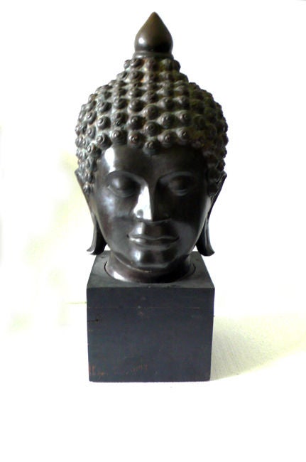 Bronze Buddha Head on teak base.