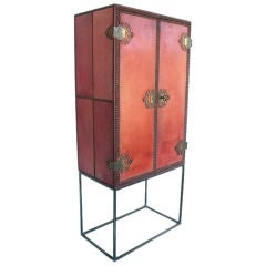Antique Leather Clad Spanish Map Cabinet With Simple Bronze Base