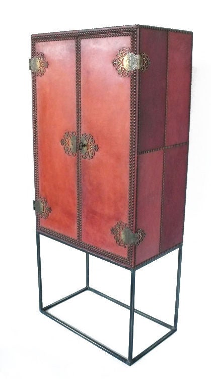 20th Century Antique Leather Clad Spanish Map Cabinet With Simple Bronze Base