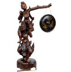 19th Century Burmese carved wood gong of two figures circa 1890