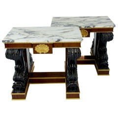 Pair of grey veined white marble top consol tables