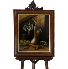 Antique Early 19th century painting of a hare, fruit and game in a larder