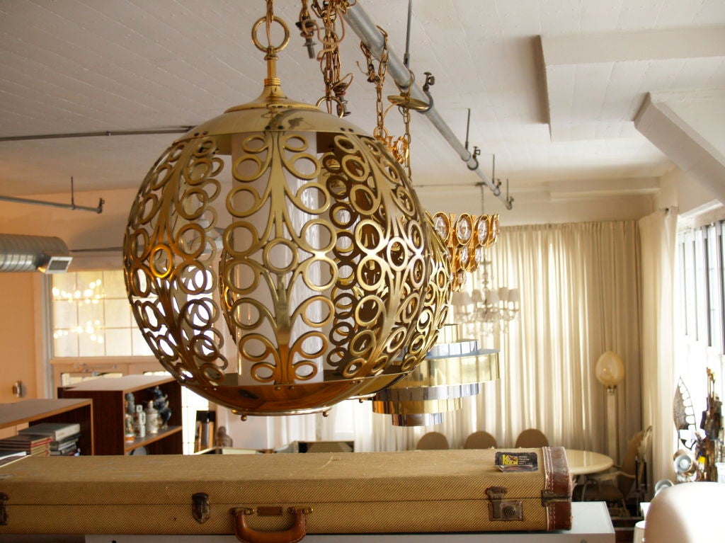 1960's giant  brass & aluminum sphere hanging lamps 2 available