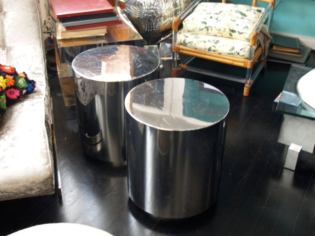 Steel 1970's pair of chrome drum end tables