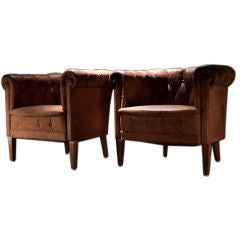 Pair of Leather Barrel Club Chairs