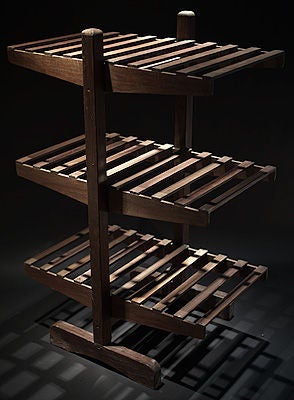 Unusual primitive fruit drying rack, three tiered wooden shelves with center post.