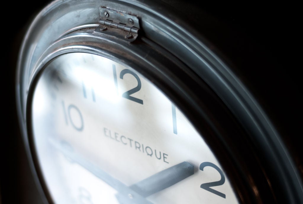 BRILLE French industrial clock, original color with simple face. Modified with new battery operated movement.
