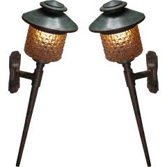 Antique Pair of Decorative Iron and Glass Outdoor Sconces