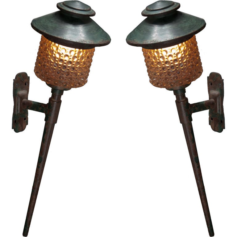 Pair of Decorative Iron and Glass Outdoor Sconces
