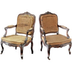 Pair of Louis XV Armchairs with Exposed Burlap Fabric
