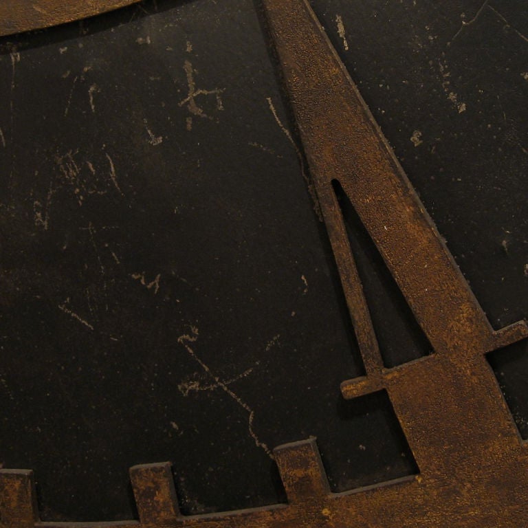 Cast iron and sheet metal clock face, superb patina and scale, from a Municipal building, Newbury, Conneticut. Easily mounted to a wall with new hidden iron brackets, comes disassembled.