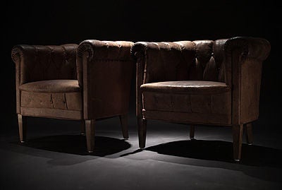 Pair of Leather Barrel Club Chairs