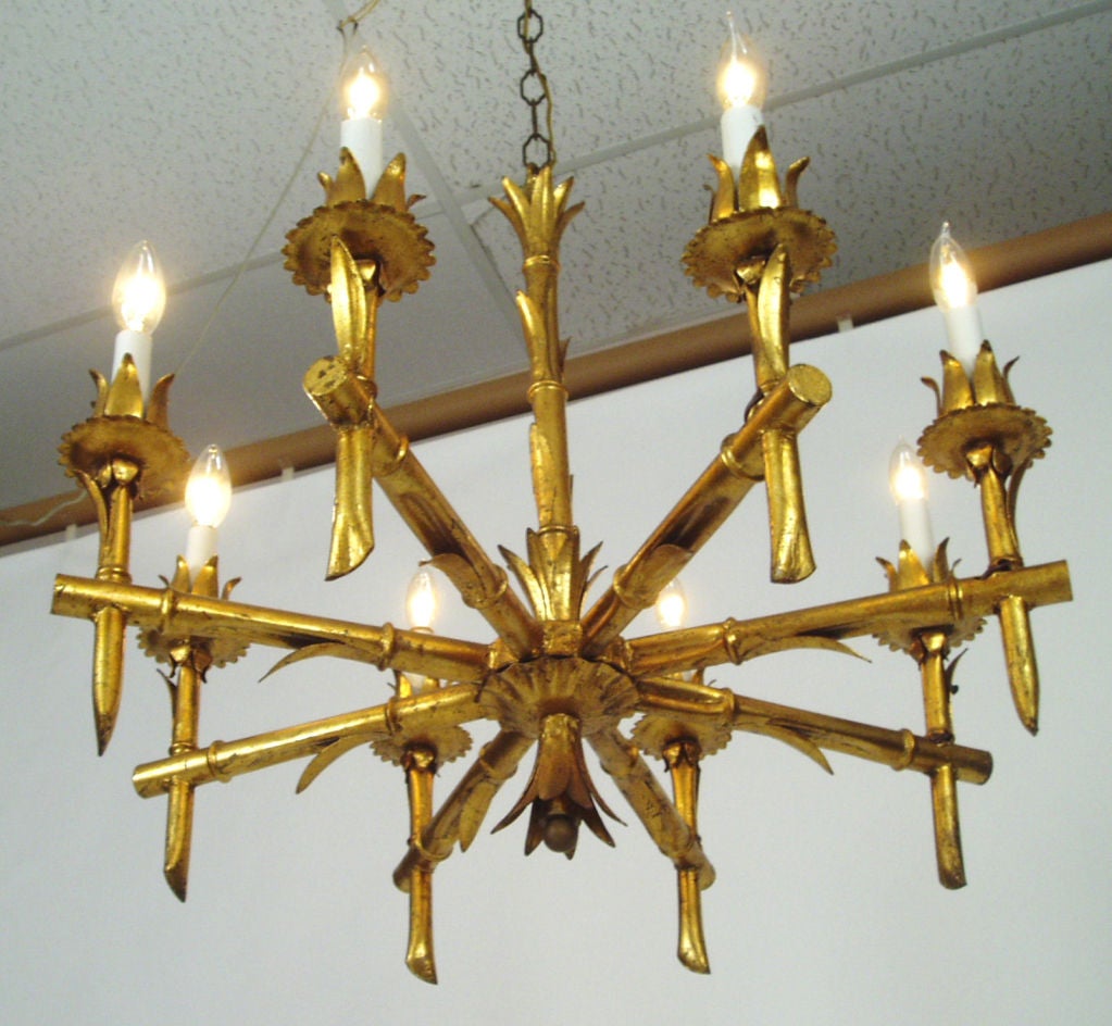 Mid-20th Century Hollywood Regency Gold Leaf Bamboo Chandelier