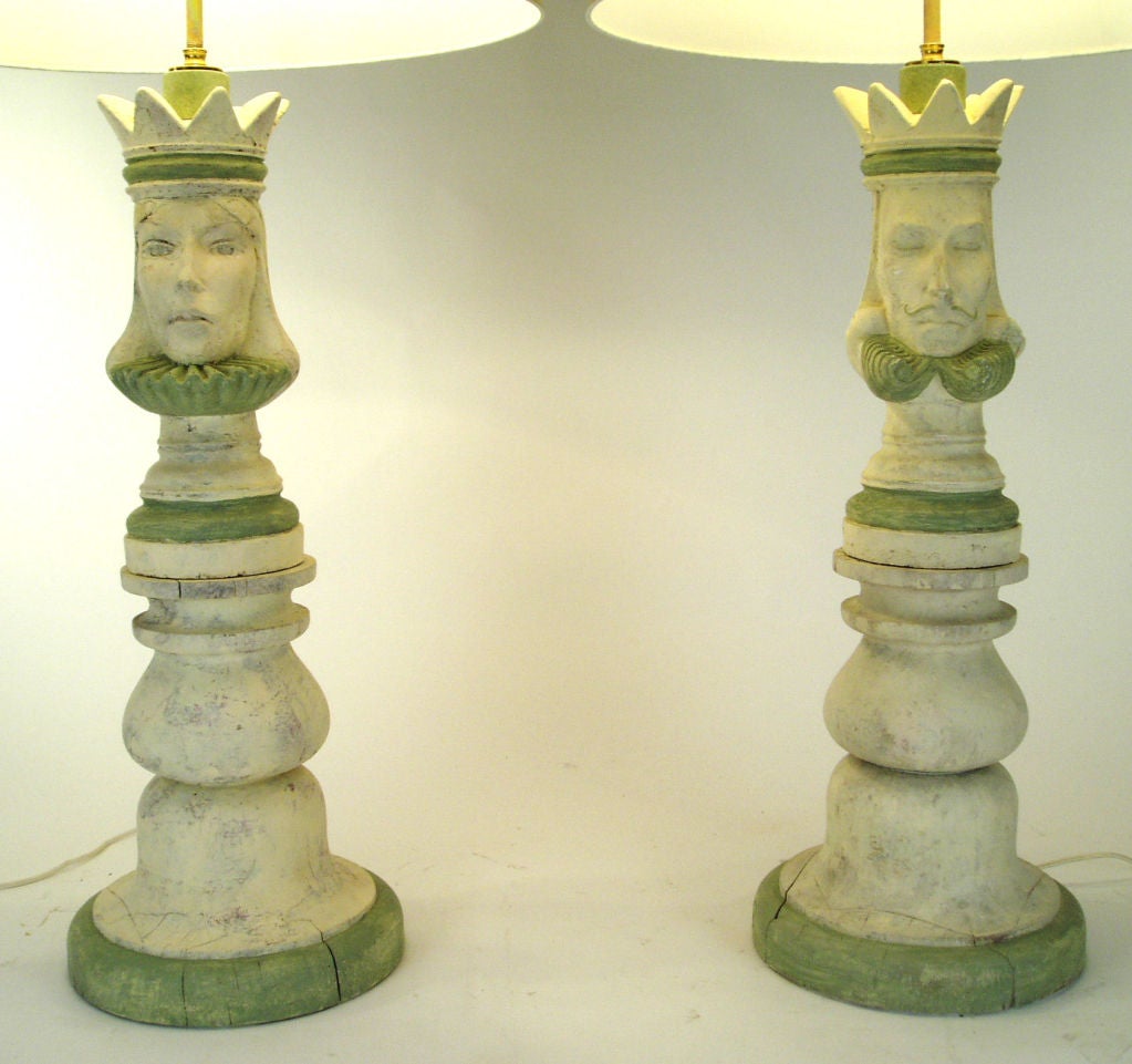 a wonderful and very unique pair of antique Chess lamps in the form of a King & Queen. the heads are plaster and the bases are turned wood. They have been expertly restored, retaining all their charm and character, and painted in cream with pale
