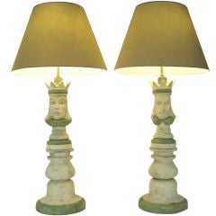 Exceptional Pair of Plaster King & Queen Chess Lamps