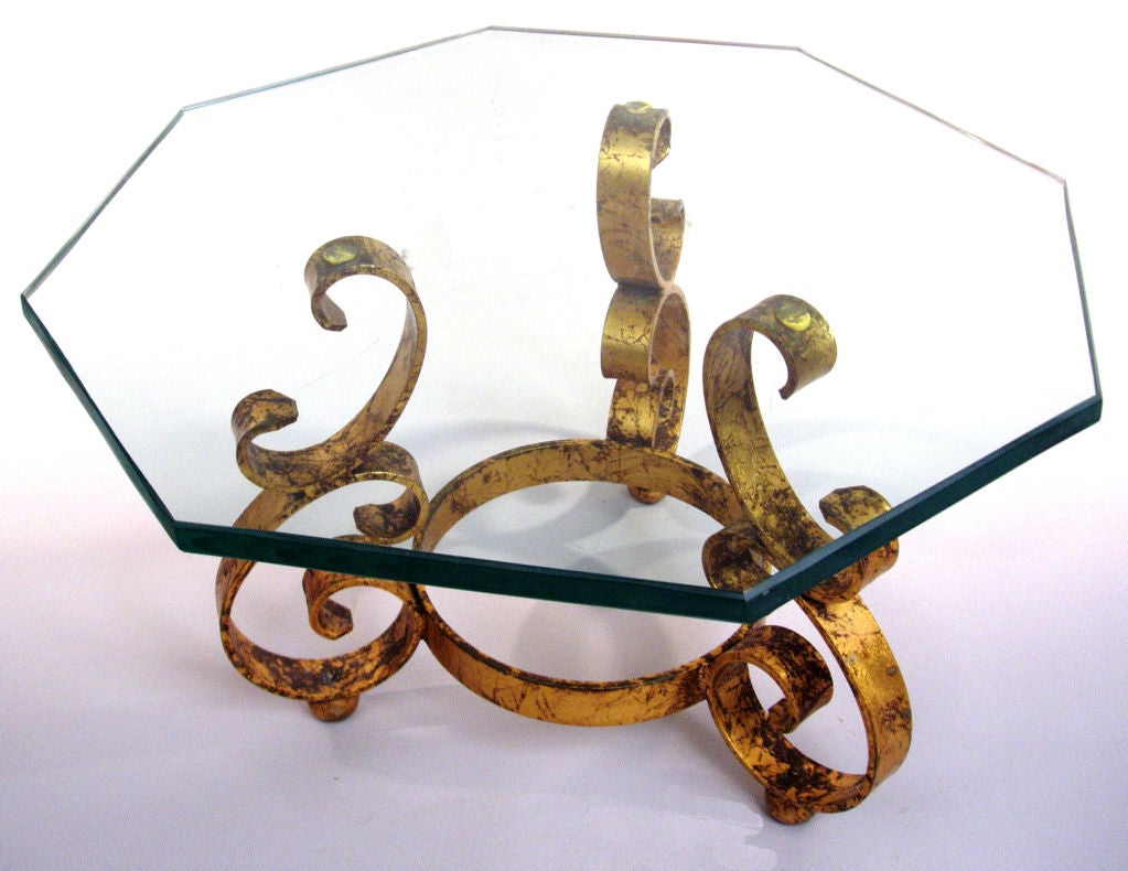 American Pair of Gold Leaf Scroll baseTables with Octagon Glass tops