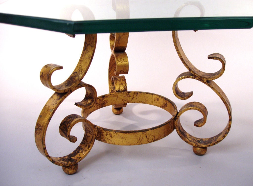 Mid-20th Century Pair of Gold Leaf Scroll baseTables with Octagon Glass tops