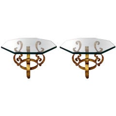 Pair of Gold Leaf Scroll baseTables with Octagon Glass tops