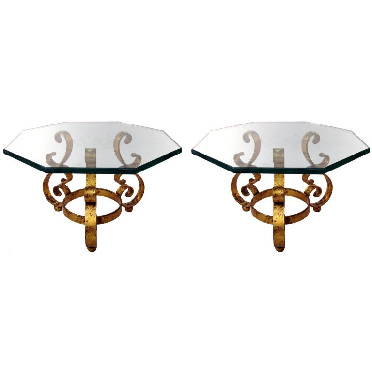 Pair of Gold Leaf Scroll baseTables with Octagon Glass tops