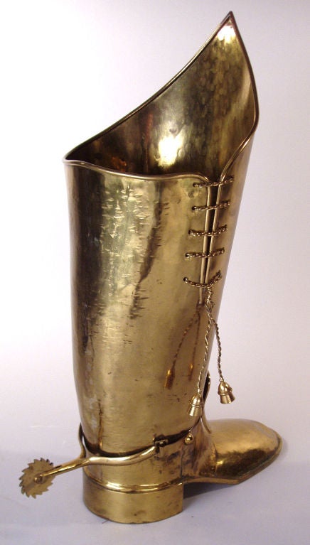 an unusual and engaging vintage mid-century Italian Brass Boot Umbrella Stand, complete with brass laces and spur! small dent in the foot, otherwise in great condition.