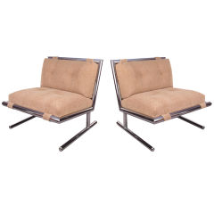 Pair Vintage 1970's Chrome Frame Lounge Chairs