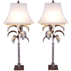 Pair of Elegant Glass Bamboo & Palm Lamps by Chapman c. 1972